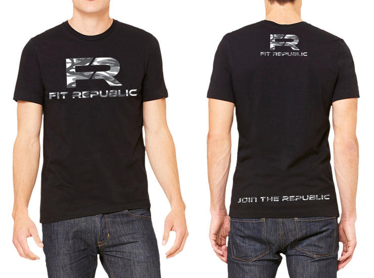 Mens Black T-Shirt w/ Snow Camo Logo